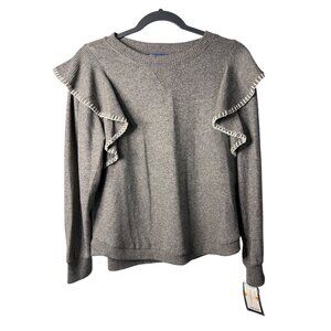 NWT Democracy Women Small Ruffle Sweater Marl Gray Preppy Style Layered Knit Top